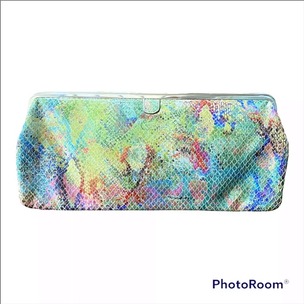 HOBO The Original Leather Purse Handbag Clutch Rainbow Snake Skin Metallic Green
